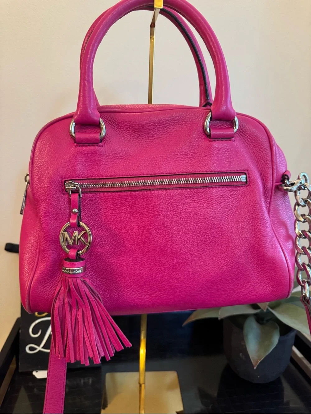 Michael Kors Raspberry Leather Satchel with Tassel Charm